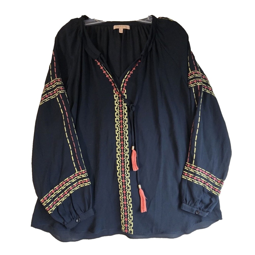 Gibson Latimer Shirt Blouse Womens Medium Navy‎ Peasant Boho Embroidery Tassel